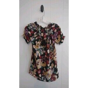 Women's Black Sheer Floral Flowy Tassel Silk Blouse Size Medium